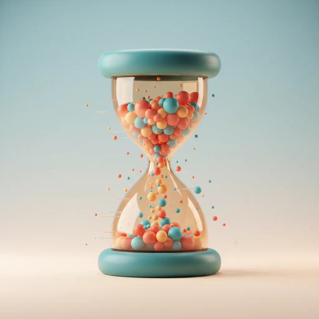 Soft 3D editorial illustration of a luminous hourglass with colorful idea bubbles flowing rapidly through it, set against a clean light gradient background.