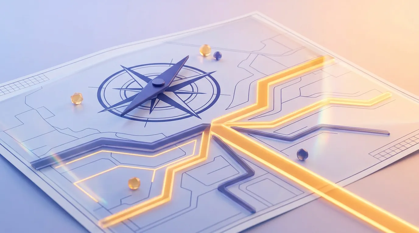 A compass resting on a blueprint with multiple diverging paths, symbolizing strategic business model choices