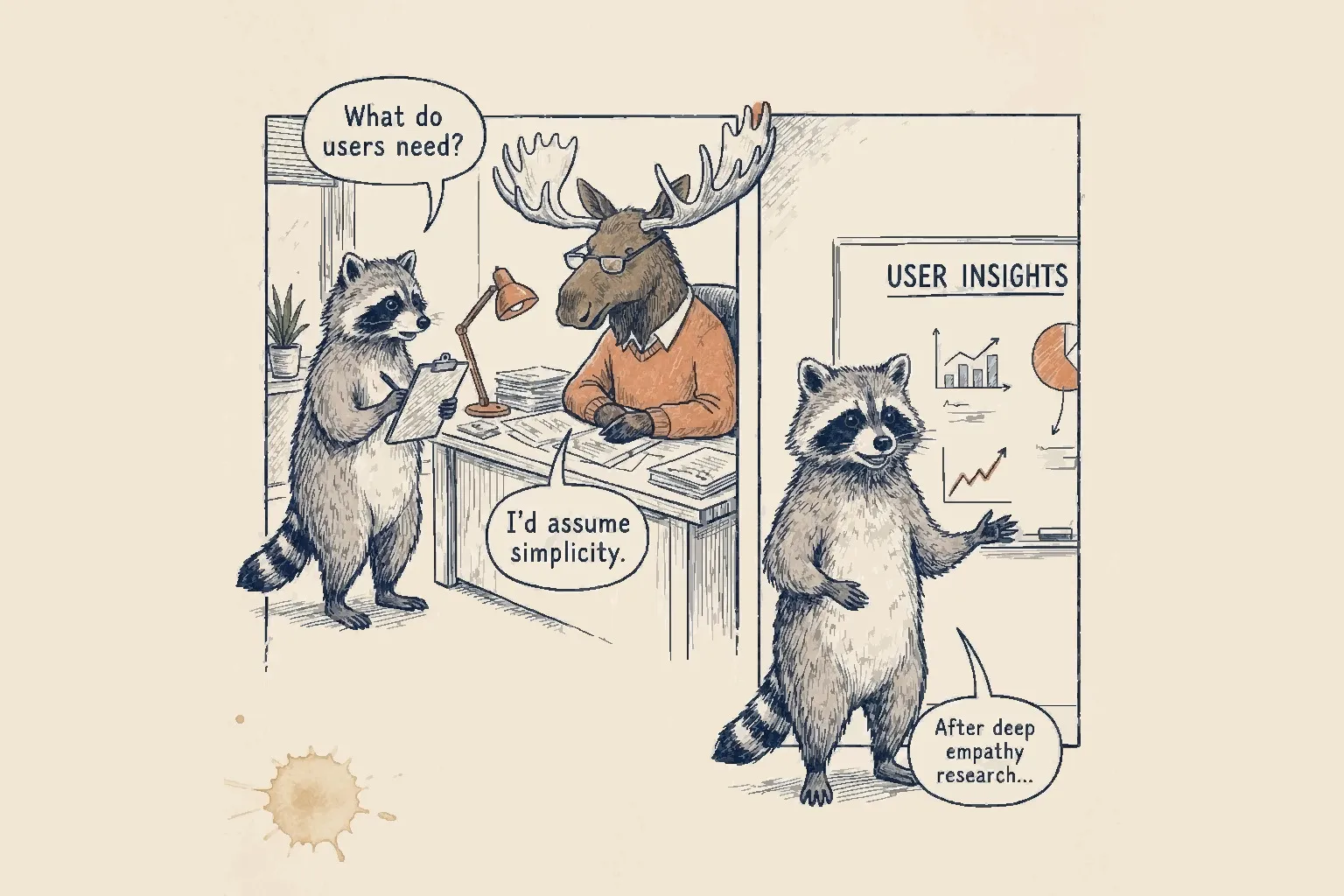 Two-panel editorial comic strip. Panel one — a raccoon with a clipboard interviews a moose at a desk. Panel two — the same raccoon presents user insight slides confidently at a whiteboard.