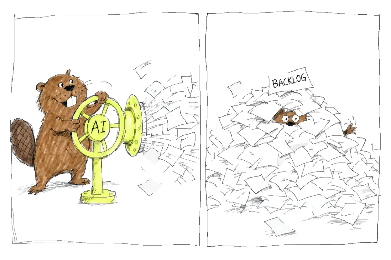 Zwei Panels: Ein Biber dreht ein Ventilrad mit der Aufschrift KI auf, während Papiere herausschießen, dann sitzt derselbe Biber unter einem riesigen Papierstapel neben einem Schild mit der Aufschrift Backlog.