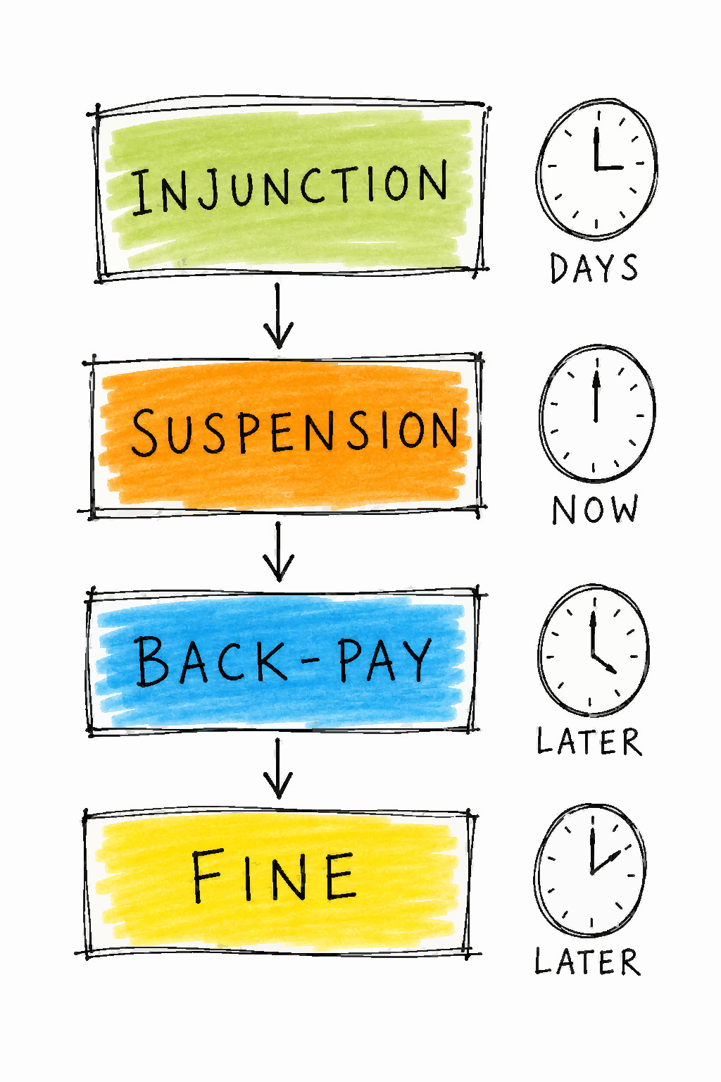 Four stacked cards labeled Injunction, Suspension, Back-Pay, and Fine, each paired with a small clock marked Days, Now, Later, and Later.