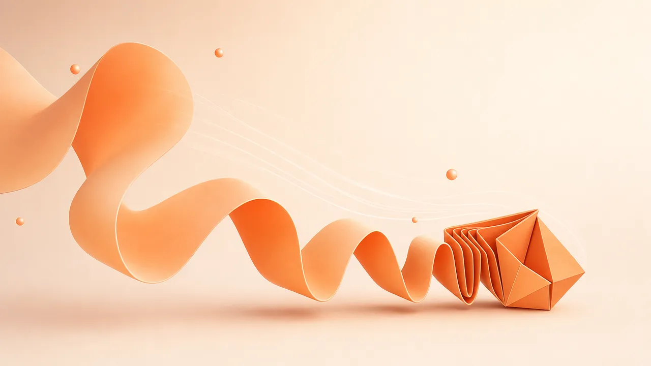 A soft 3D abstract illustration of time compression shown as a flowing ribbon folding into a compact form
