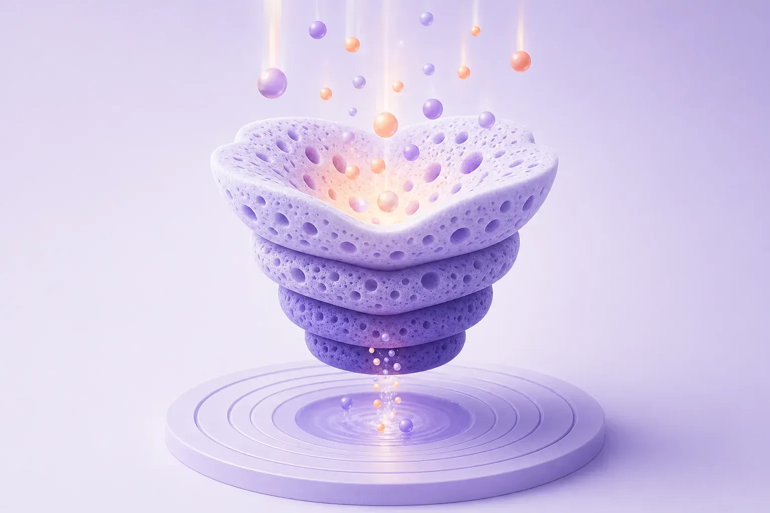 A porous lavender vessel absorbs glowing peach and violet droplets above a circular platform.
