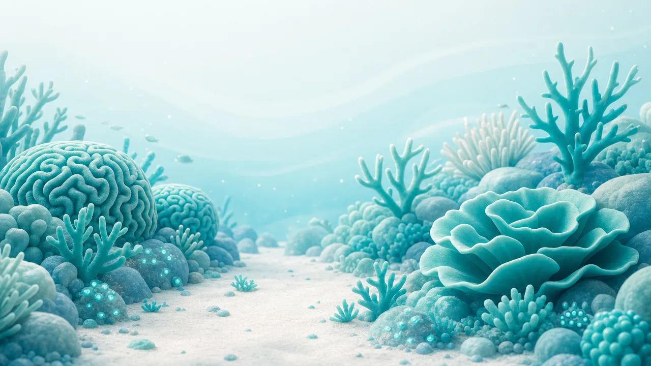 A soft 3D coral reef ecosystem illustration representing signal detection at different maturity stages