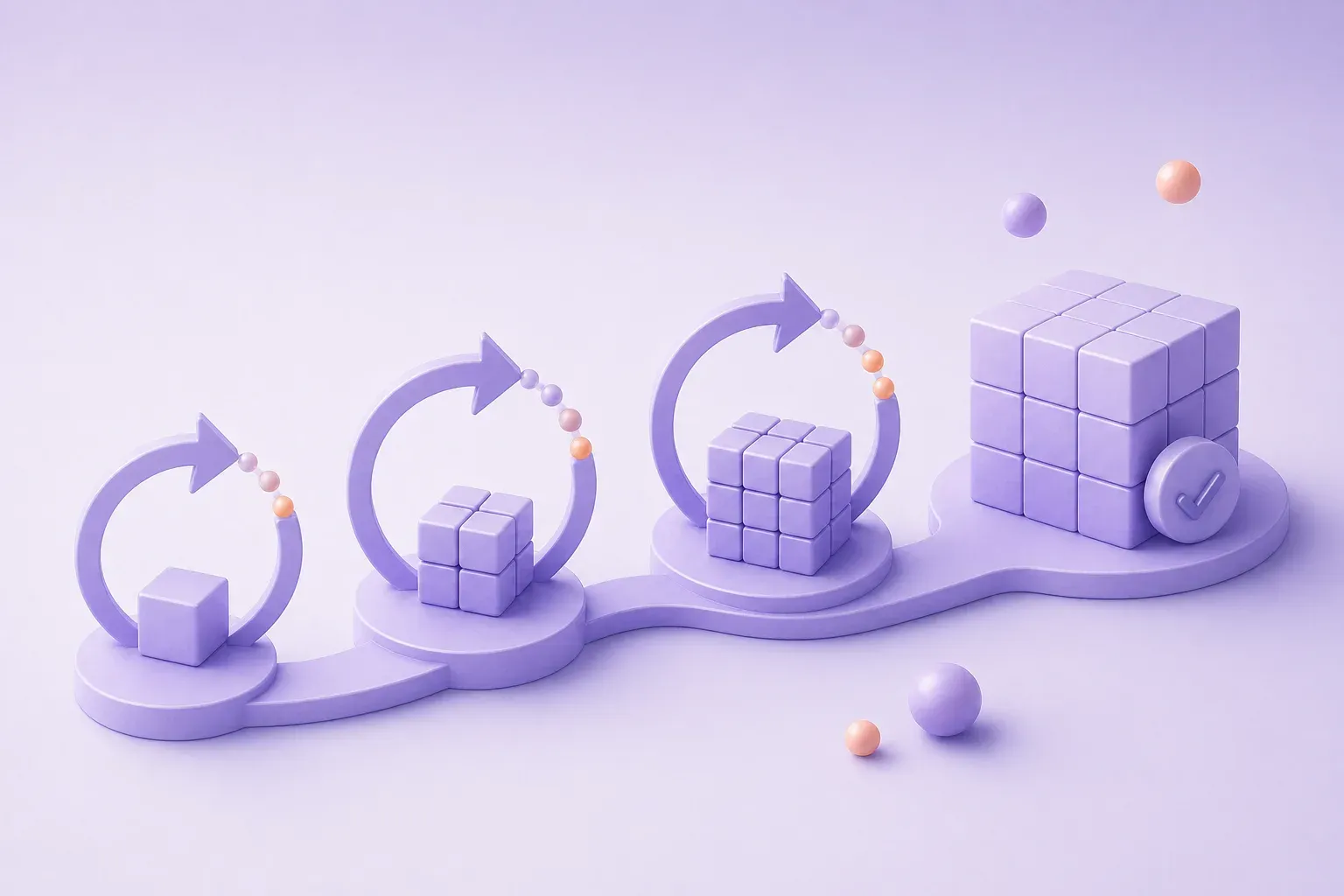 Four circular iteration loops advance a growing stack of cubes toward a larger finished block.