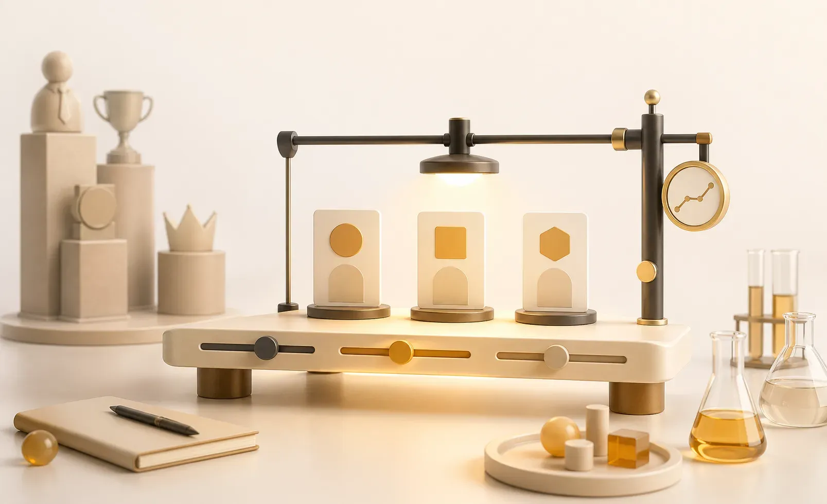 Editorial illustration of a glowing experimentation rig balancing test cards and evidence blocks while executive opinion trophies fade into the background.