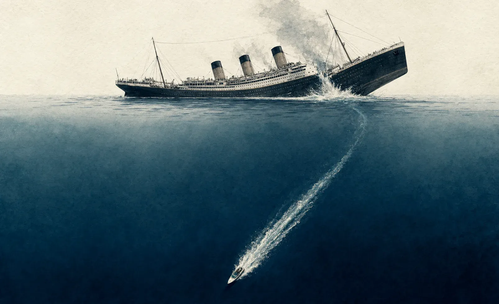 Editorial illustration of a large ocean liner being quietly toppled by a tiny speedboat racing upward from below the surface.