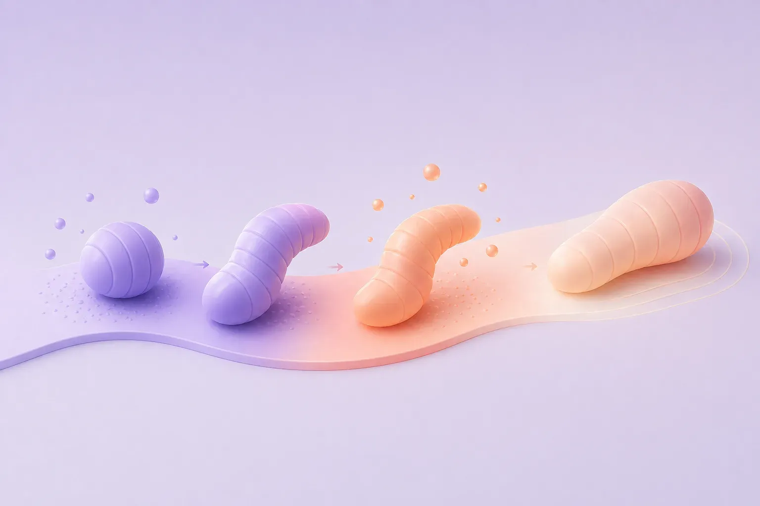 A segmented form shifts from a compact purple shape into a smooth peach capsule along a curved path.