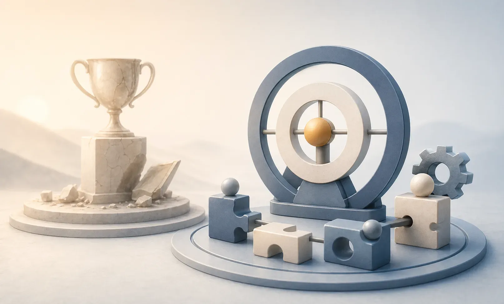Editorial illustration of a cracked breakthrough trophy beside a modular innovation engine being assembled from connected parts.