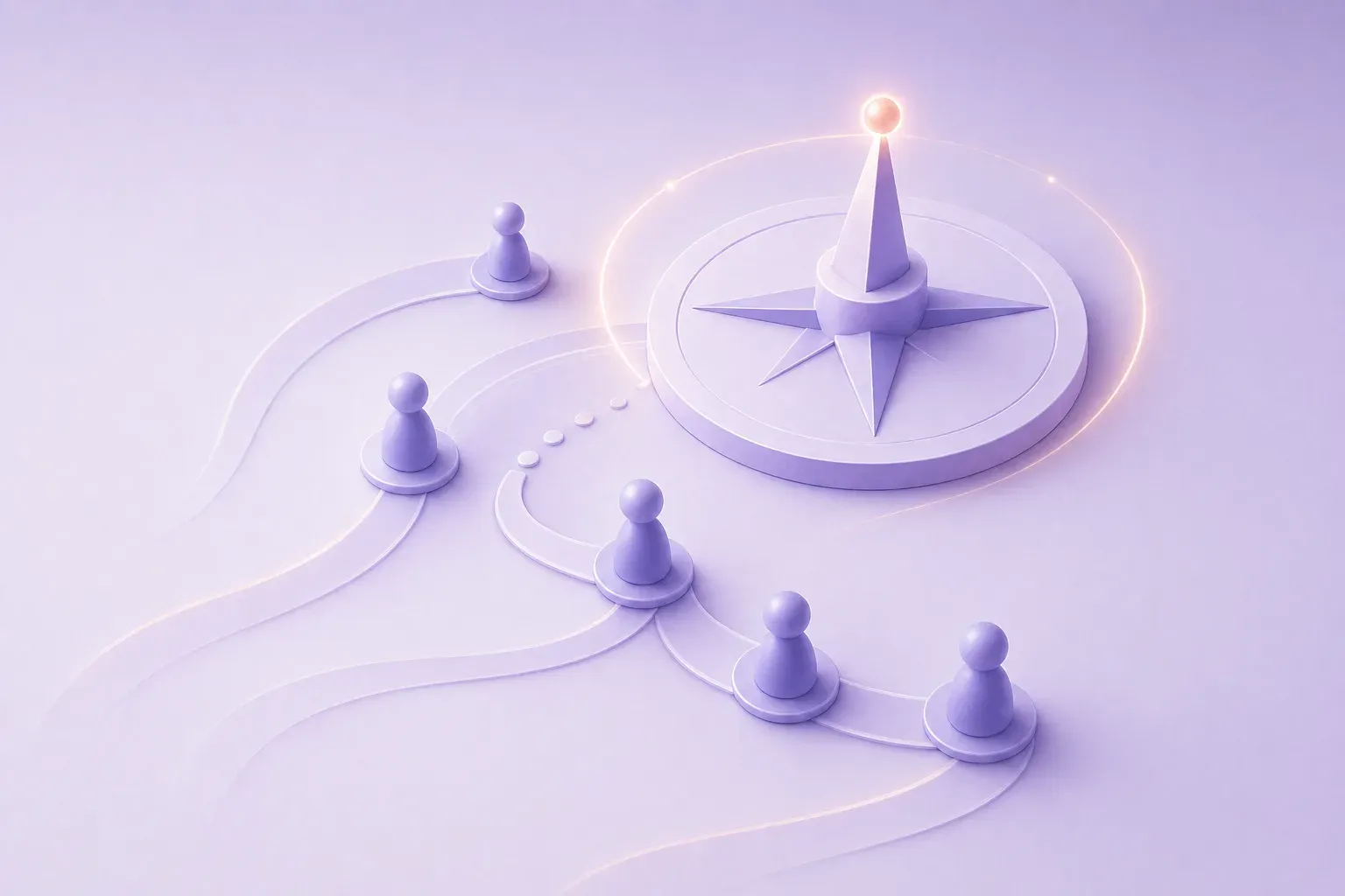A glowing compass-like beacon guides several small figures along curving paths.