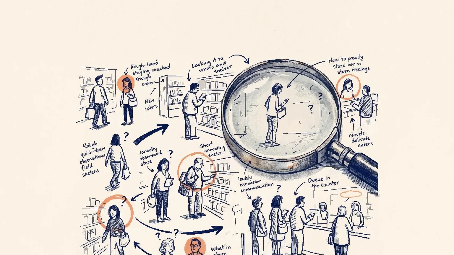 Hand-drawn editorial illustration of a magnifying glass resting on a notebook page covered in rough observational field sketches and looping arrows, on warm cream paper with navy ink.