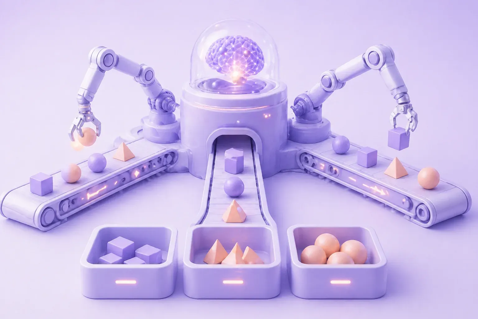 Robot arms sort cubes, pyramids, and spheres from a central intelligent machine into separate bins.