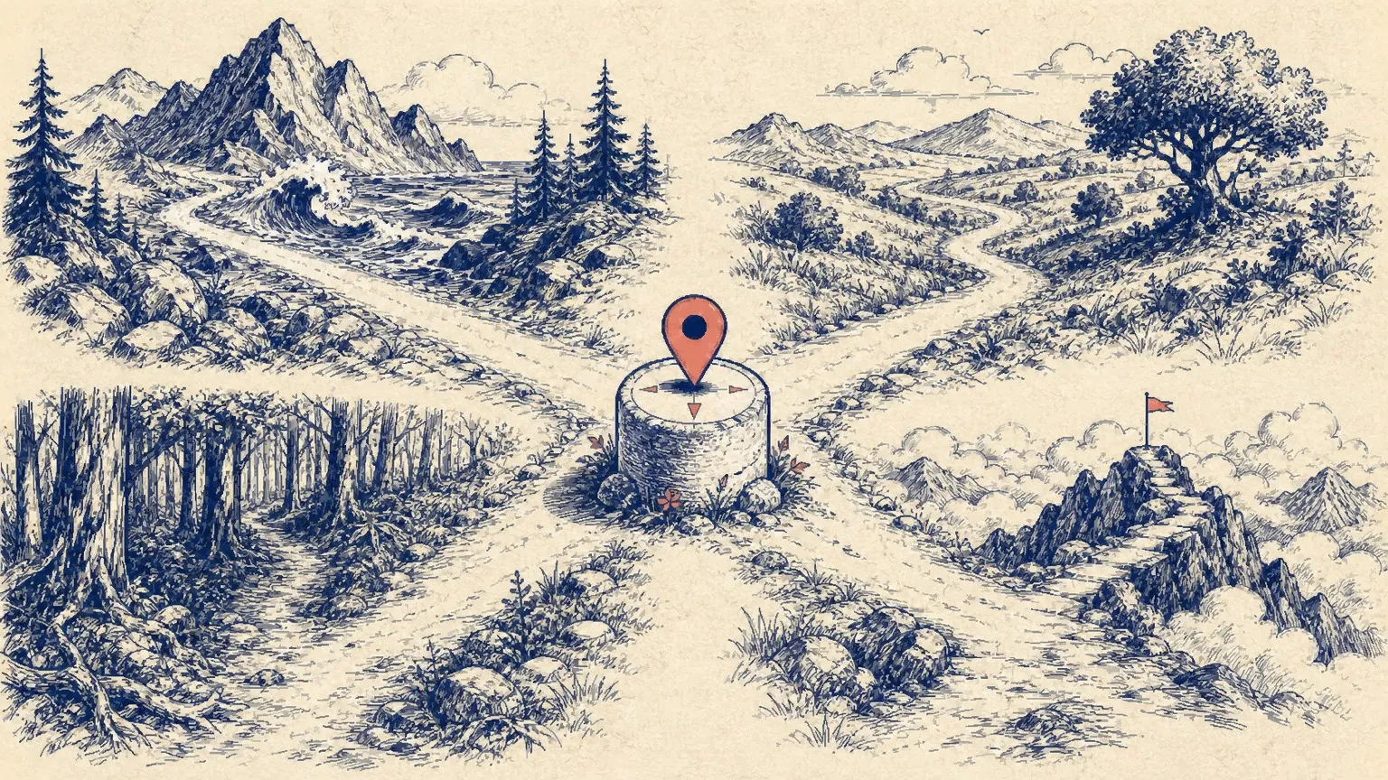 Hand-drawn field-guide crossroads with four paths leaving one central marker, each path entering a different landscape.