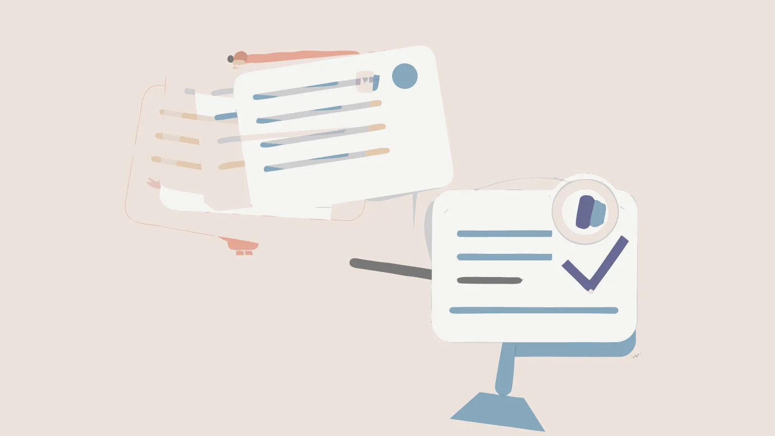 Editorial illustration of faded interview cards behind a single approved card weighted by a deposit token and check mark, representing commitment as the real market-validation signal.