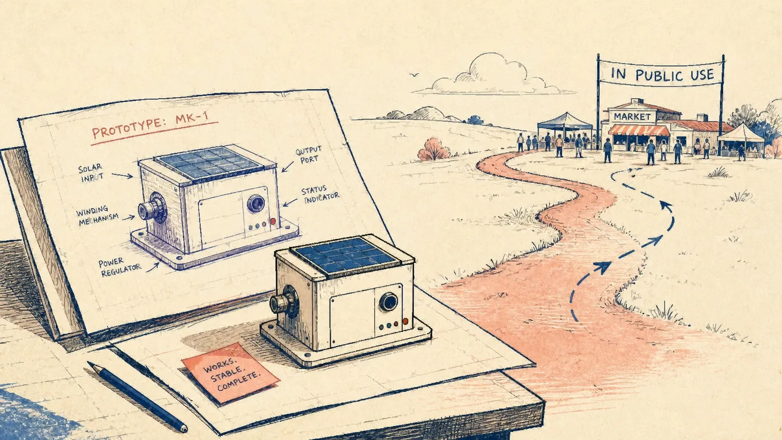 Editorial illustration of an invention blueprint and prototype on warm paper with an open path pointing toward public use.
