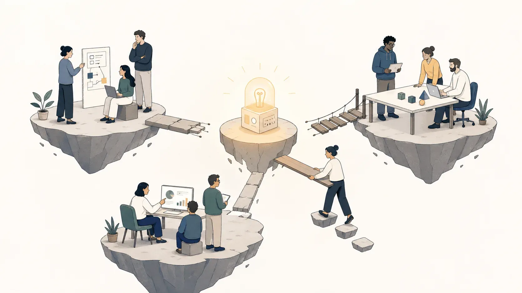 Editorial illustration of isolated teams on separate floating platforms while one person rebuilds the broken bridges around a glowing prototype.