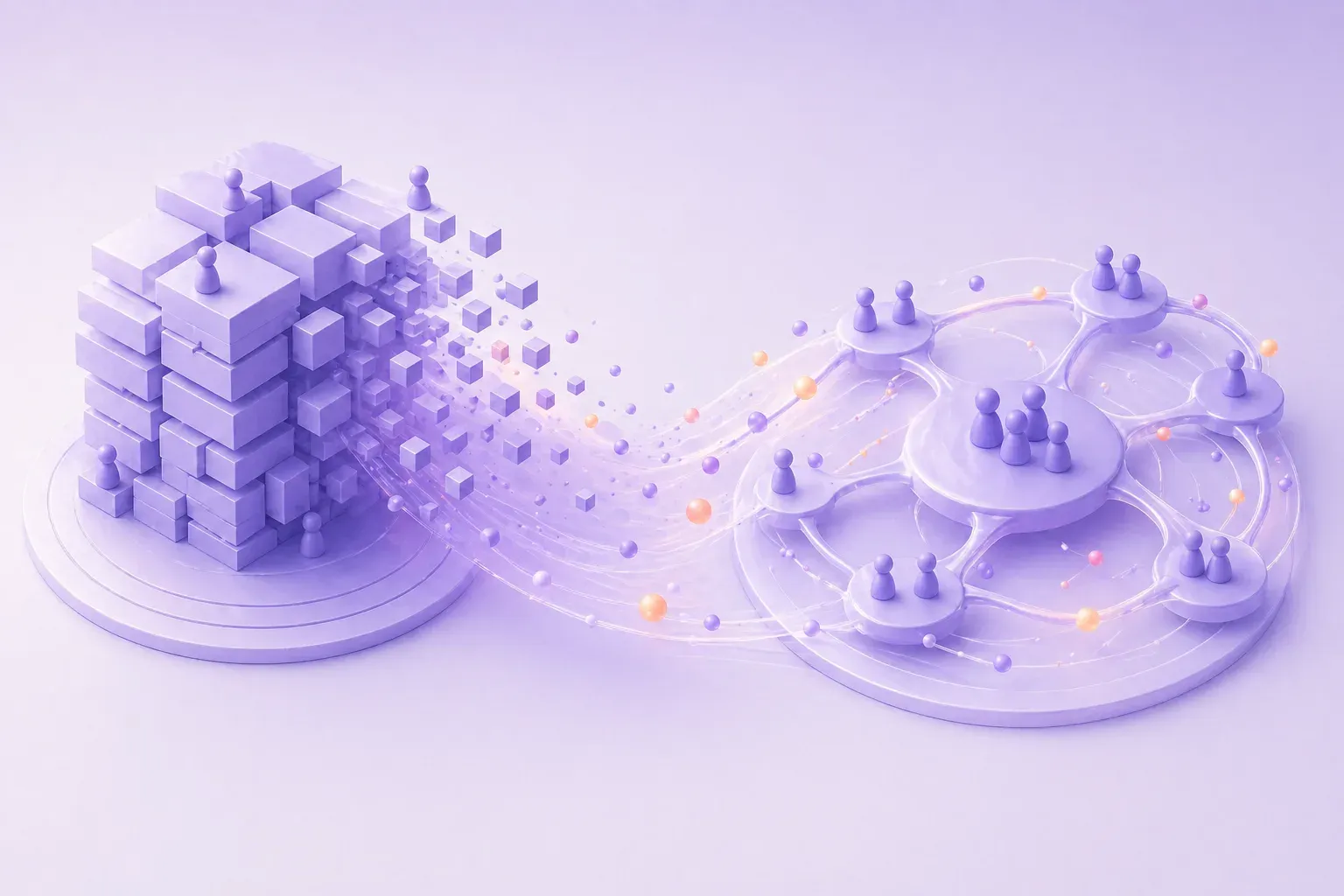 A rigid stack of blocks dissolves into a connected network of teams linked by flowing signals.
