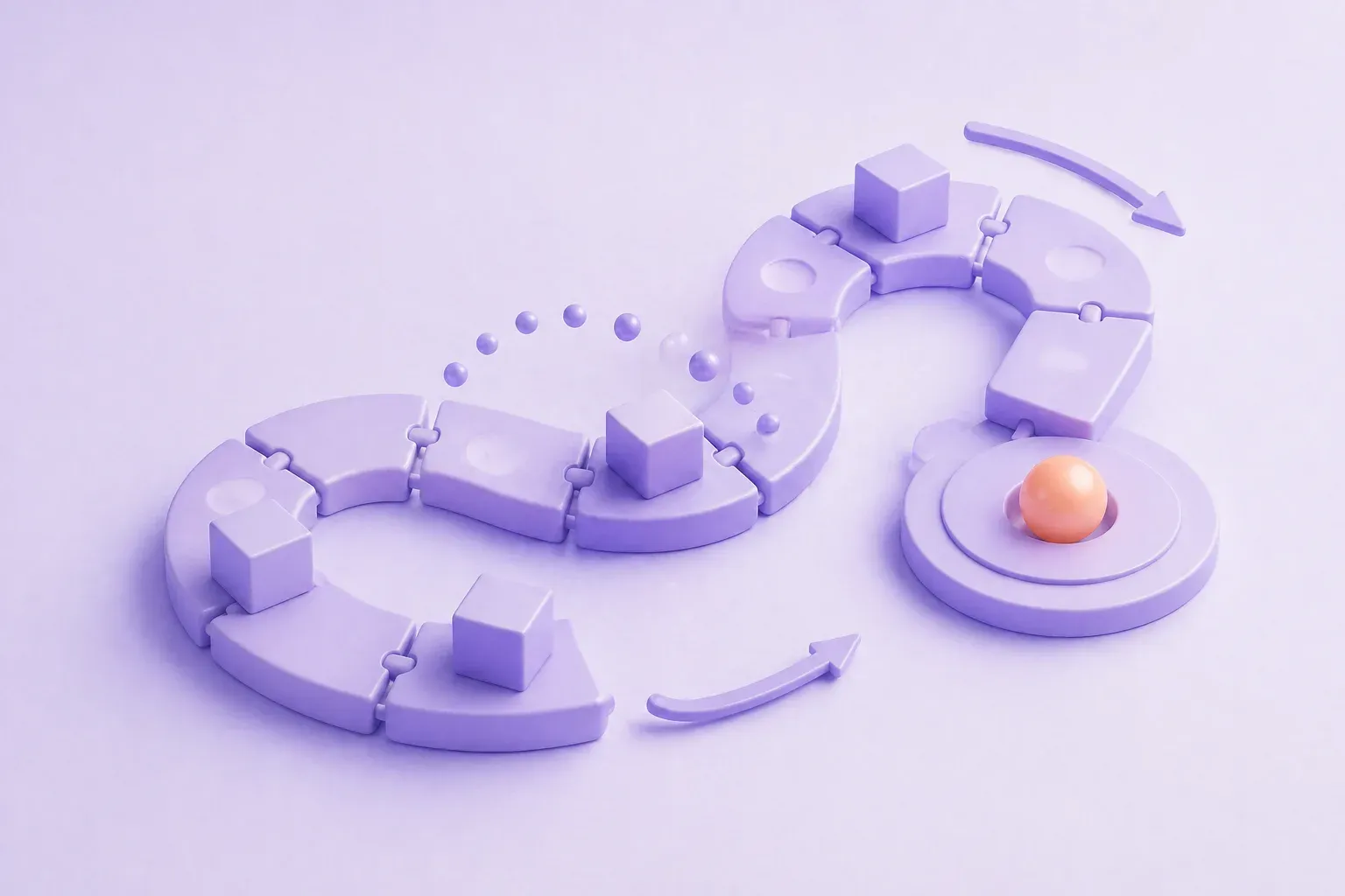 Two reconfigurable ring-shaped workflows made of connected segments and cubes point toward a highlighted target.