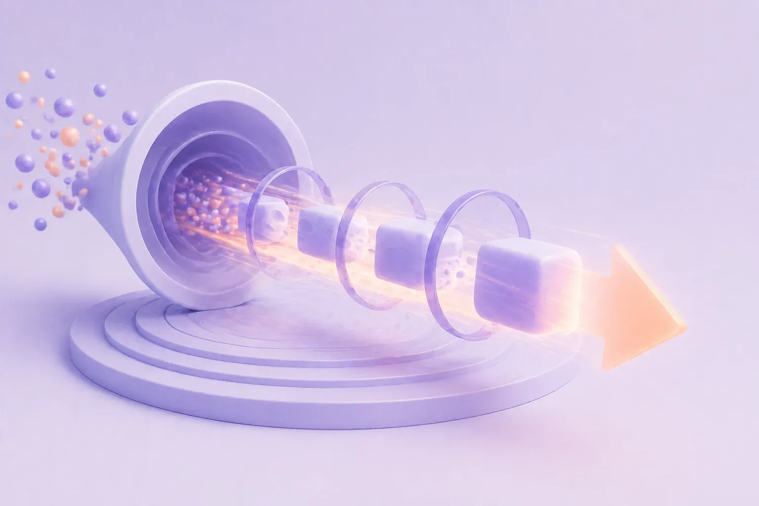 A glowing stream rushes through a wide funnel and several ringed stages into a bright arrow.
