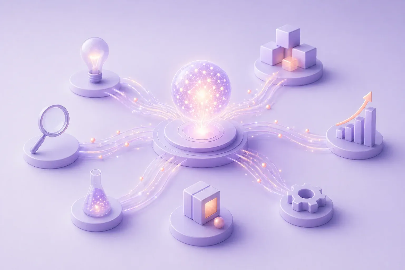 A glowing networked intelligence core sends light toward symbols for ideas, products, research, operations, and growth.