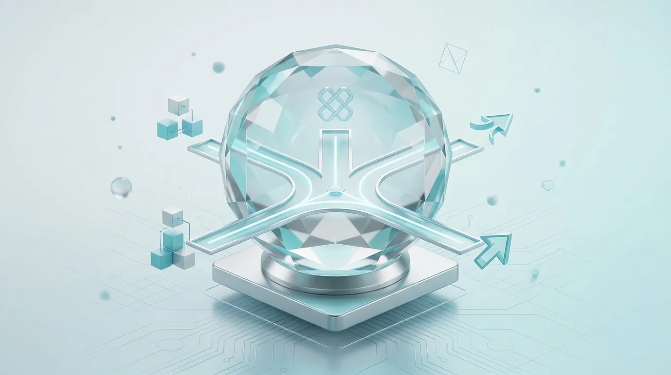 A crystal ball showing three diverging paths floating above a corporate grid, representing build-buy-partner decisions