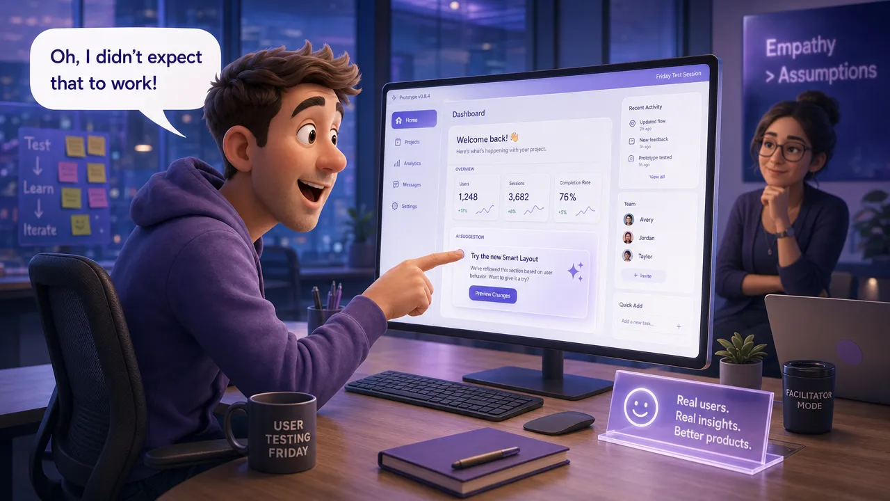 A facilitator observes while a target user interacts with a prototype, showing a surprised-pleased expression as they discover something unexpected. One main character with a speech bubble saying 'Oh, I didn't expect that to work!'