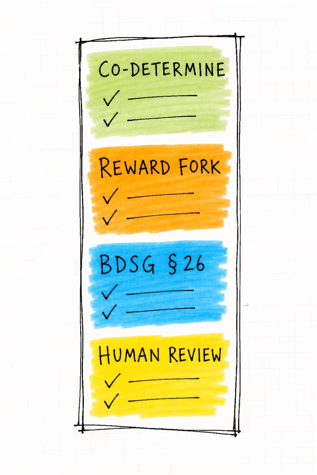 A tall checklist card with four labeled sections Co-Determine, Reward Fork, BDSG Section 26, and Human Review, each with two empty check lines.
