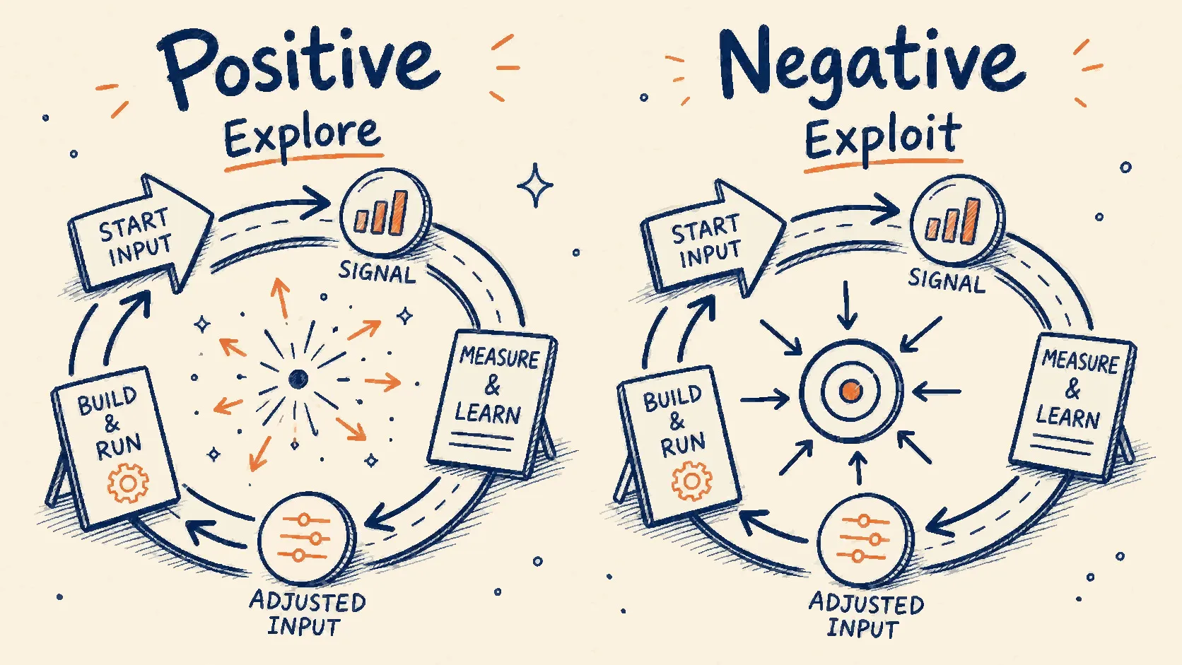 Hand-drawn side-by-side comparison showing a positive loop spreading outward for exploration and a negative loop converging inward for exploitation.