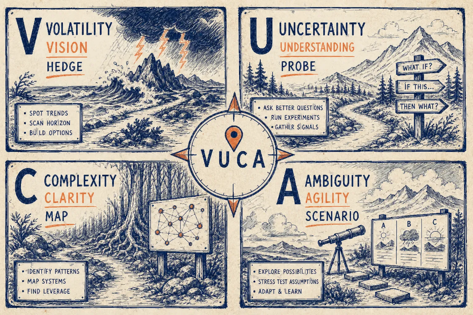 Hand-drawn VUCA-Prime matrix showing Volatility to Vision and Hedge, Uncertainty to Understanding and Probe, Complexity to Clarity and Map, and Ambiguity to Agility and Scenario.