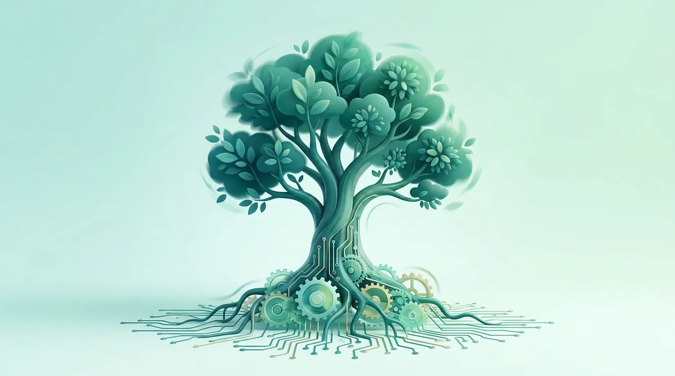 A flourishing tree with roots transforming into interconnected gears and circuits, symbolizing organic growth through systematic culture design