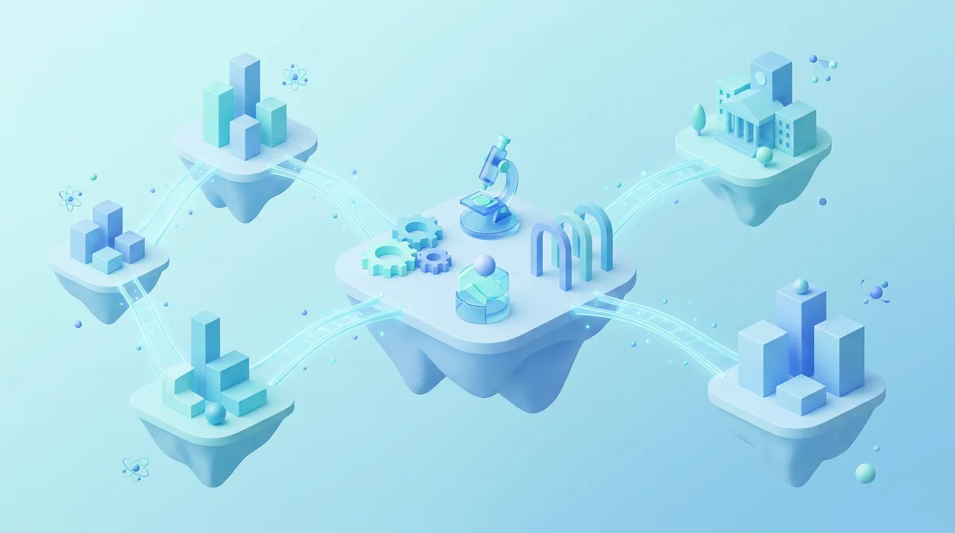 A network of floating islands connected by glowing bridges, representing different ecosystem partners in an innovation network