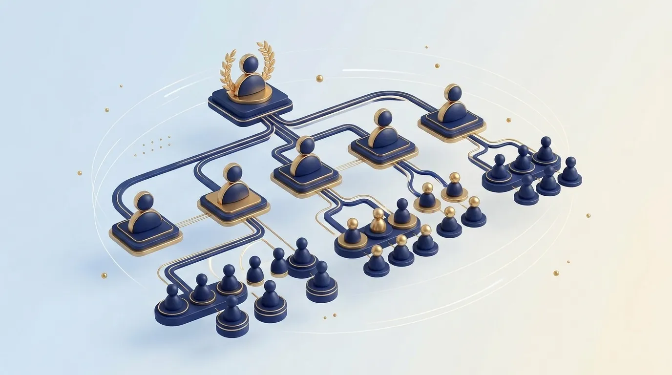 An organizational chart floating in space with role icons connected by glowing pathways, from executive to coordinator