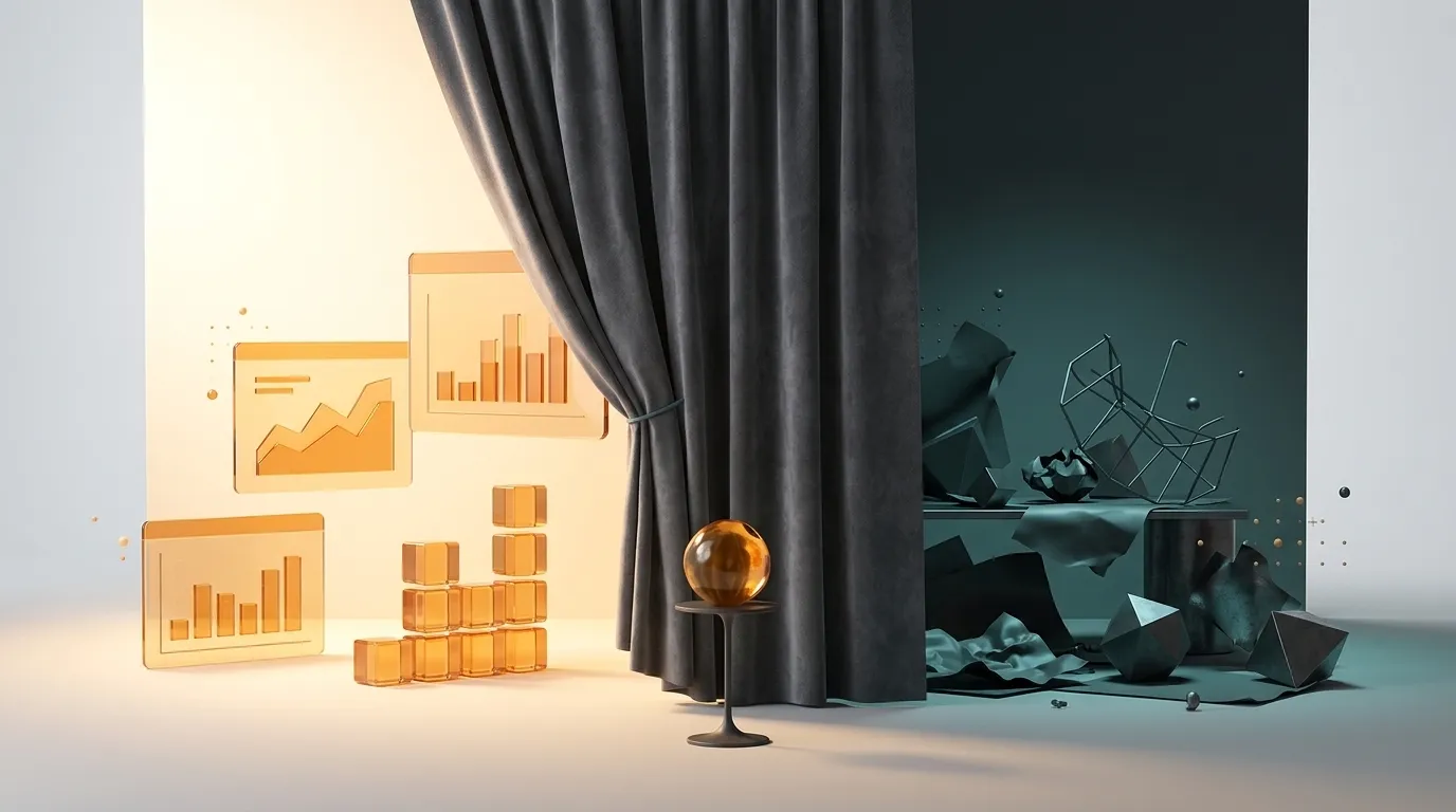 A theatrical stage curtain partially open revealing the contrast between polished presentation and empty workspace behind