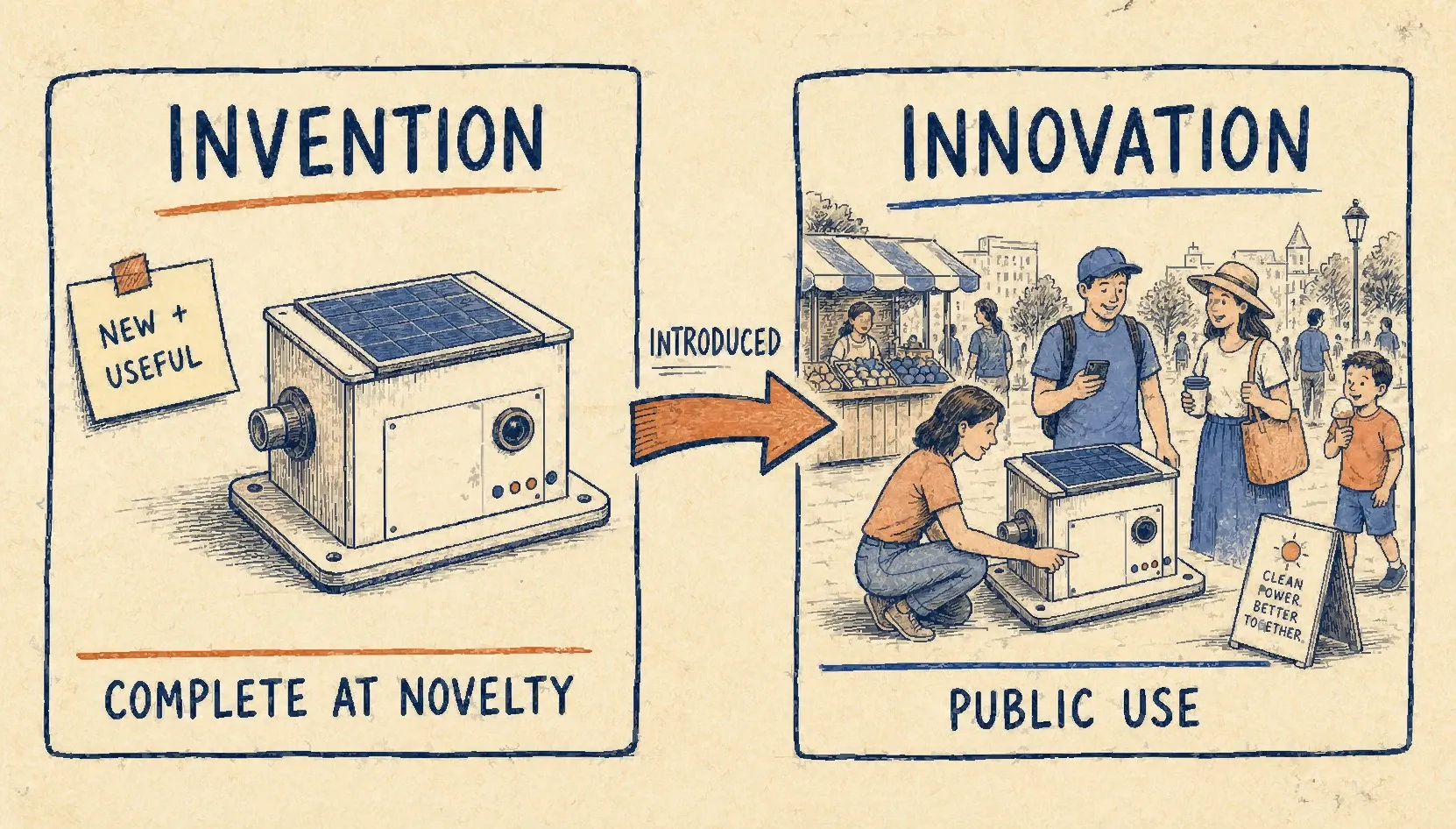 Hand-drawn comparison infographic showing invention complete at novelty on the left and innovation beginning at public use on the right.