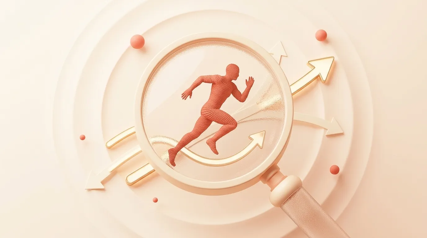 A magnifying glass focusing on a human silhouette in motion with force arrows radiating outward, representing customer progress research
