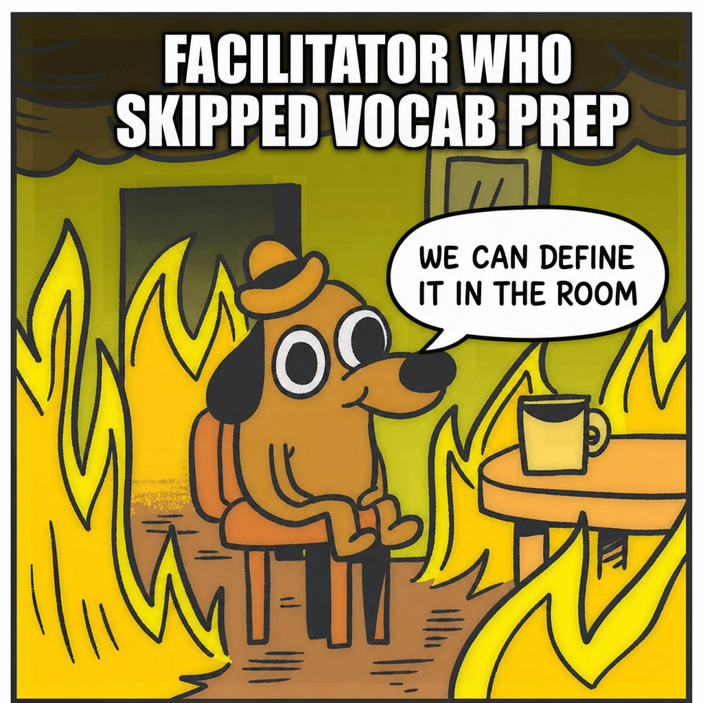 The This Is Fine meme dog sitting in a burning room. Top text reads FACILITATOR WHO SKIPPED VOCAB PREP. Speech bubble reads WE CAN DEFINE IT IN THE ROOM.