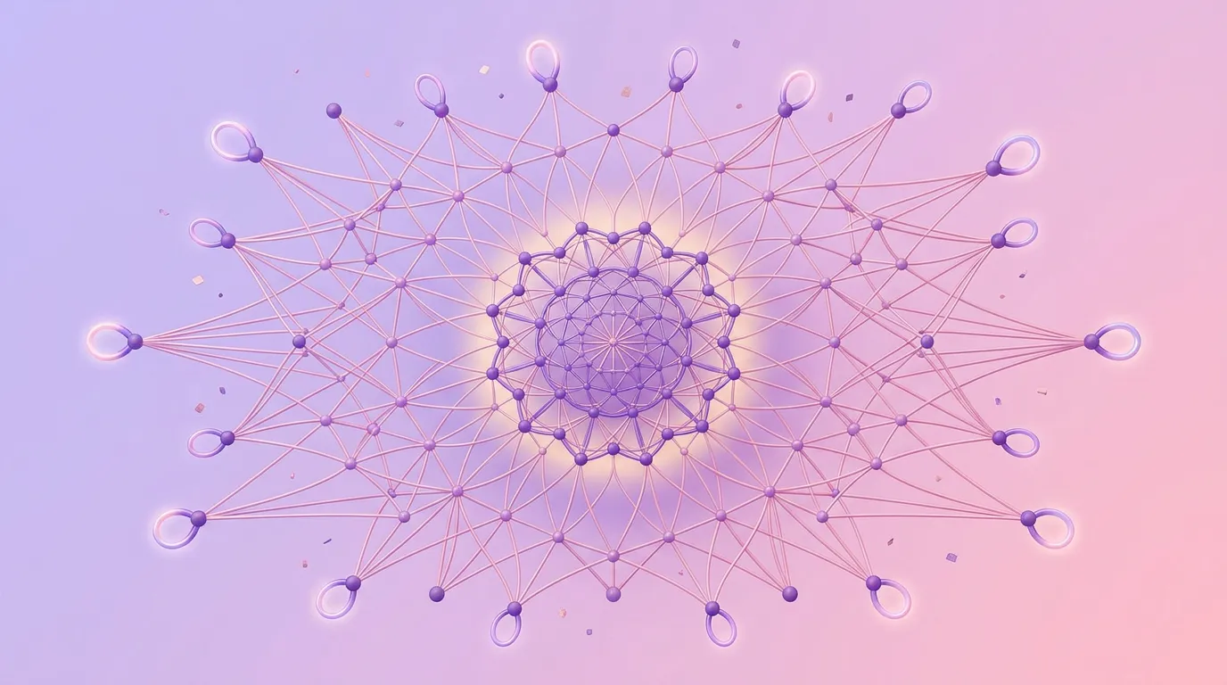 A central node with radiating connections forming a dense mesh network with glowing interaction loops at the edges