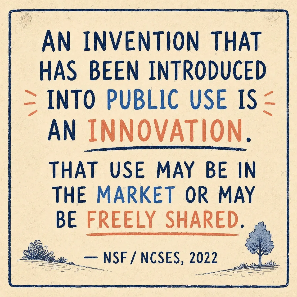 Typographic quote card presenting the NSF sentence that an invention becomes innovation when introduced into public use.
