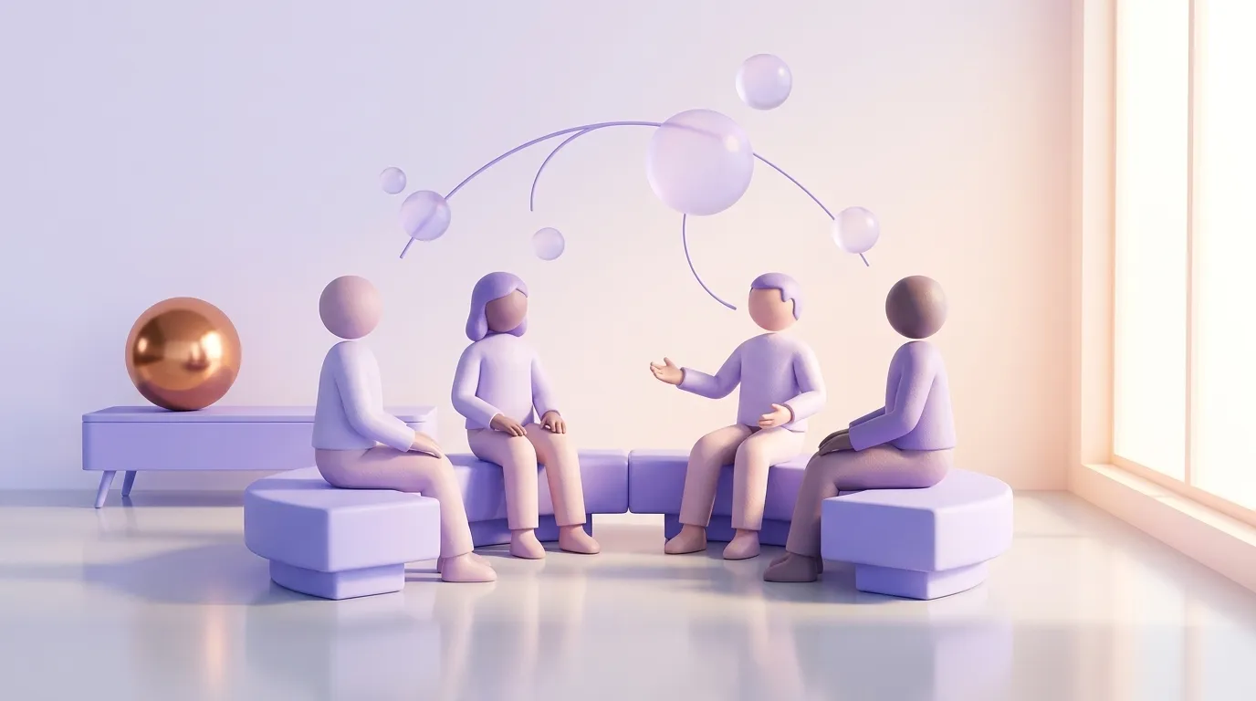 A team in a modern office having an open conversation around a table