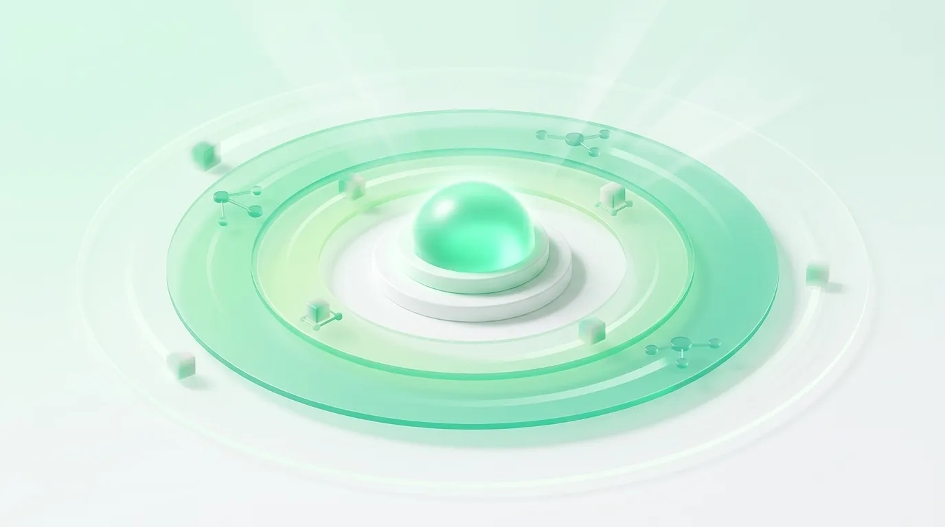 A central glowing hub with concentric rings expanding outward containing team symbols, representing organizational agility scaling