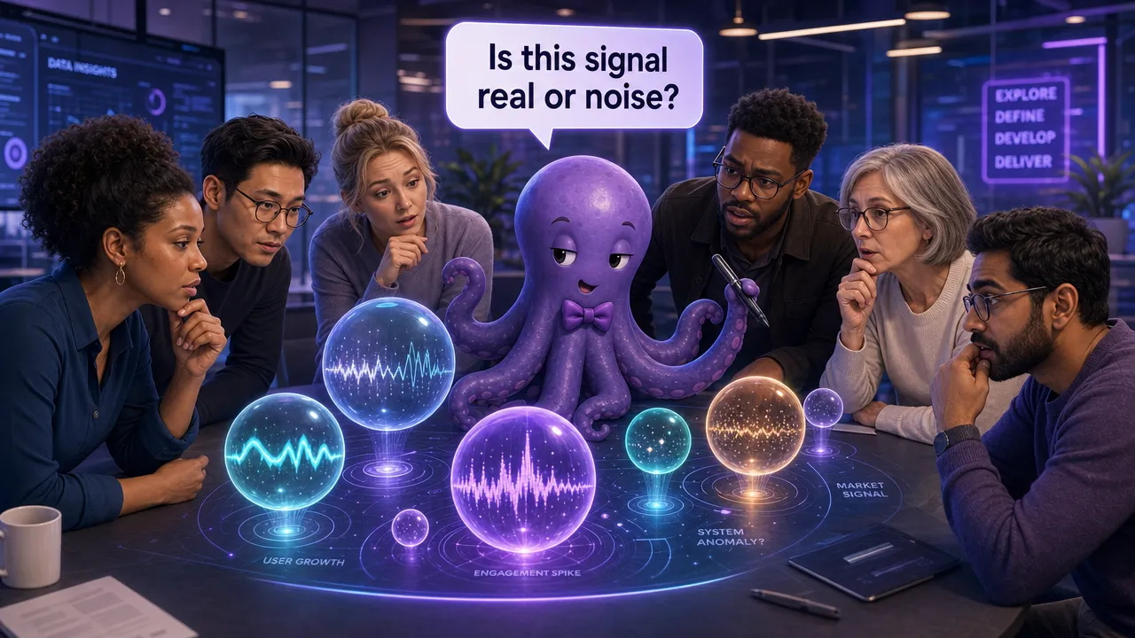 A diverse corporate team gathered around a curved table examining floating holographic signal bubbles of different sizes and colors. One main character with a speech bubble saying 'Is this signal real or noise?'