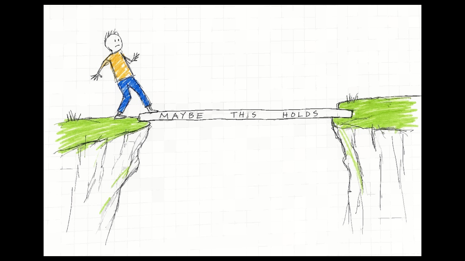 Eine kleine Figur testet eine schmale Plankenbrücke über eine weite Lücke.