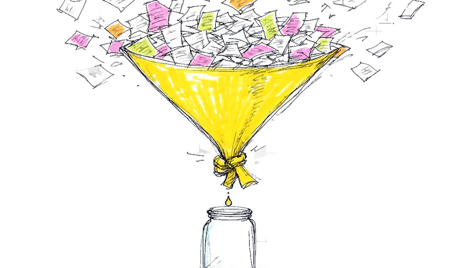 A funnel overflows with papers while its narrow spout is tied shut above an empty jar.