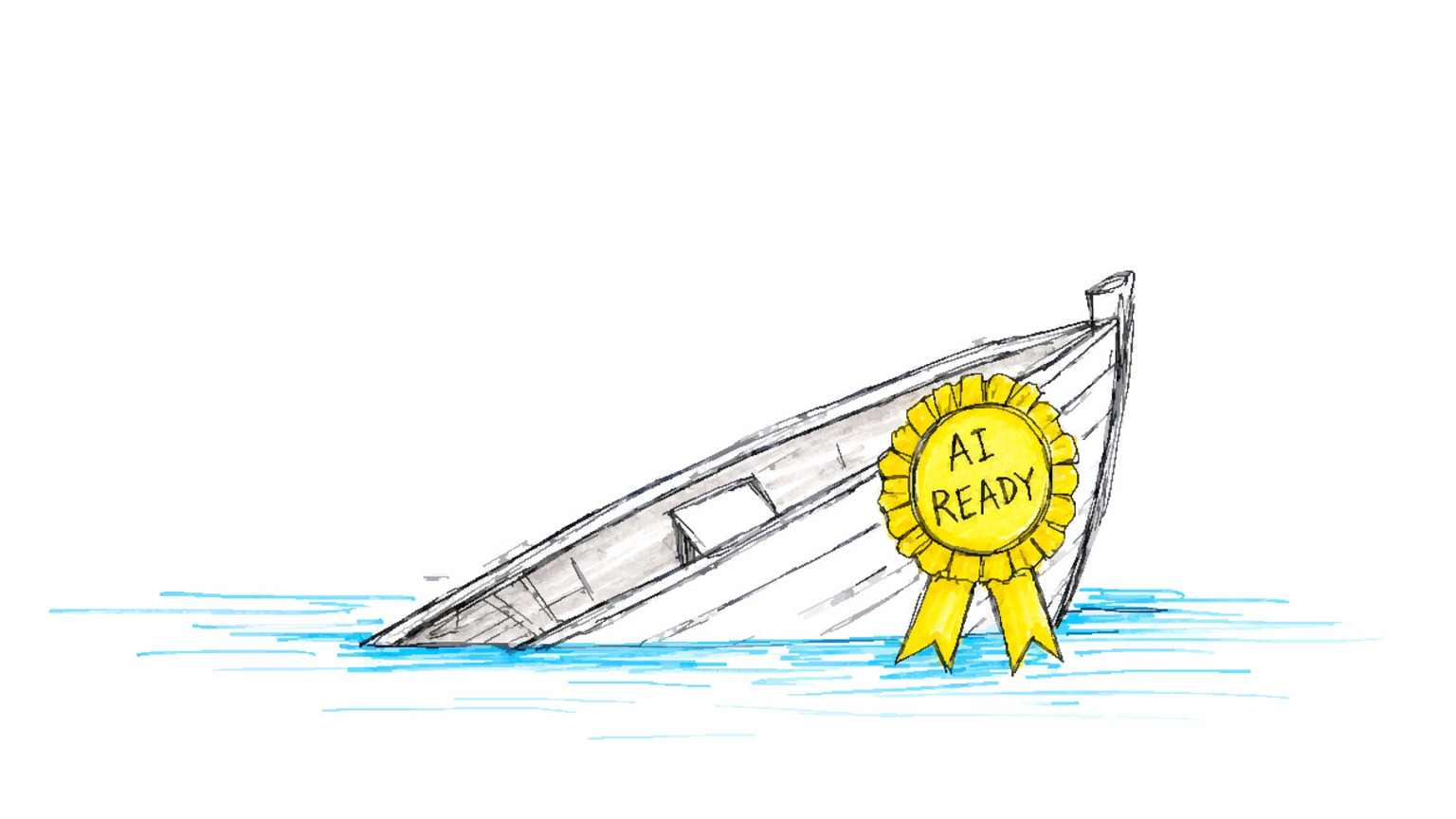 Eine goldene Preisschleife mit der Aufschrift „AI READY“, die an einem kleinen, im Wasser sinkenden Ruderboot befestigt ist.