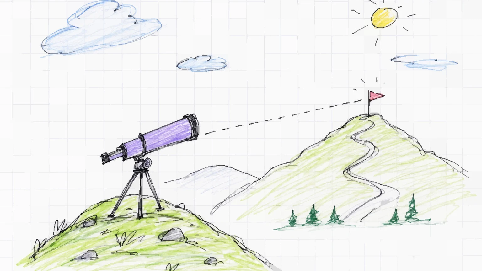 A small telescope on a hill scanning the horizon where a tiny flag marks the next step.