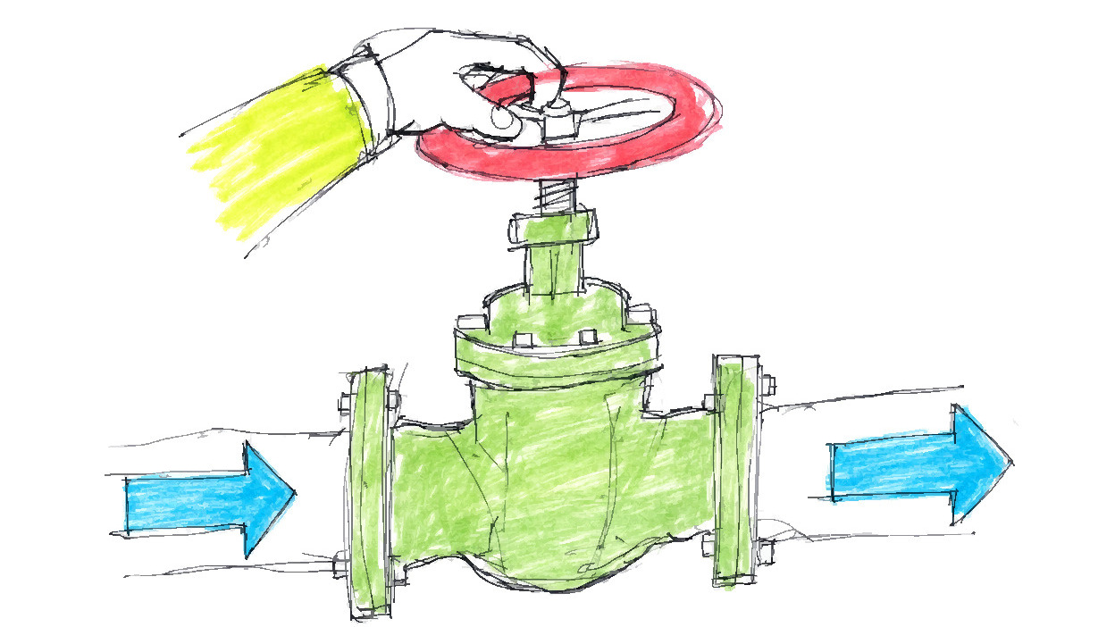 A hand turning a large pipe valve with arrows flowing in from the left and out to the right.