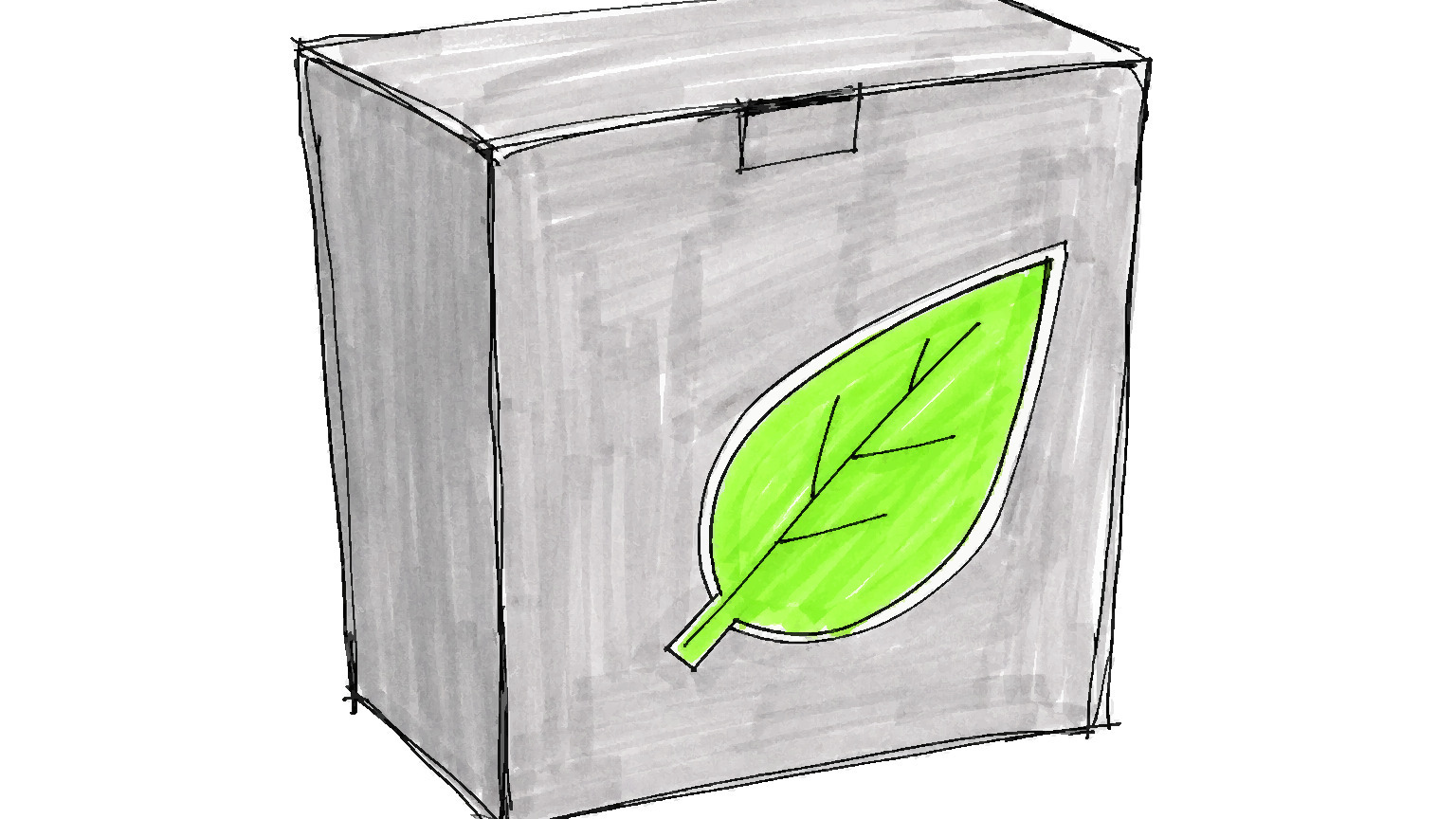 Uma caixa de papelão simples com um adesivo de folha verde brilhante torto na frente.