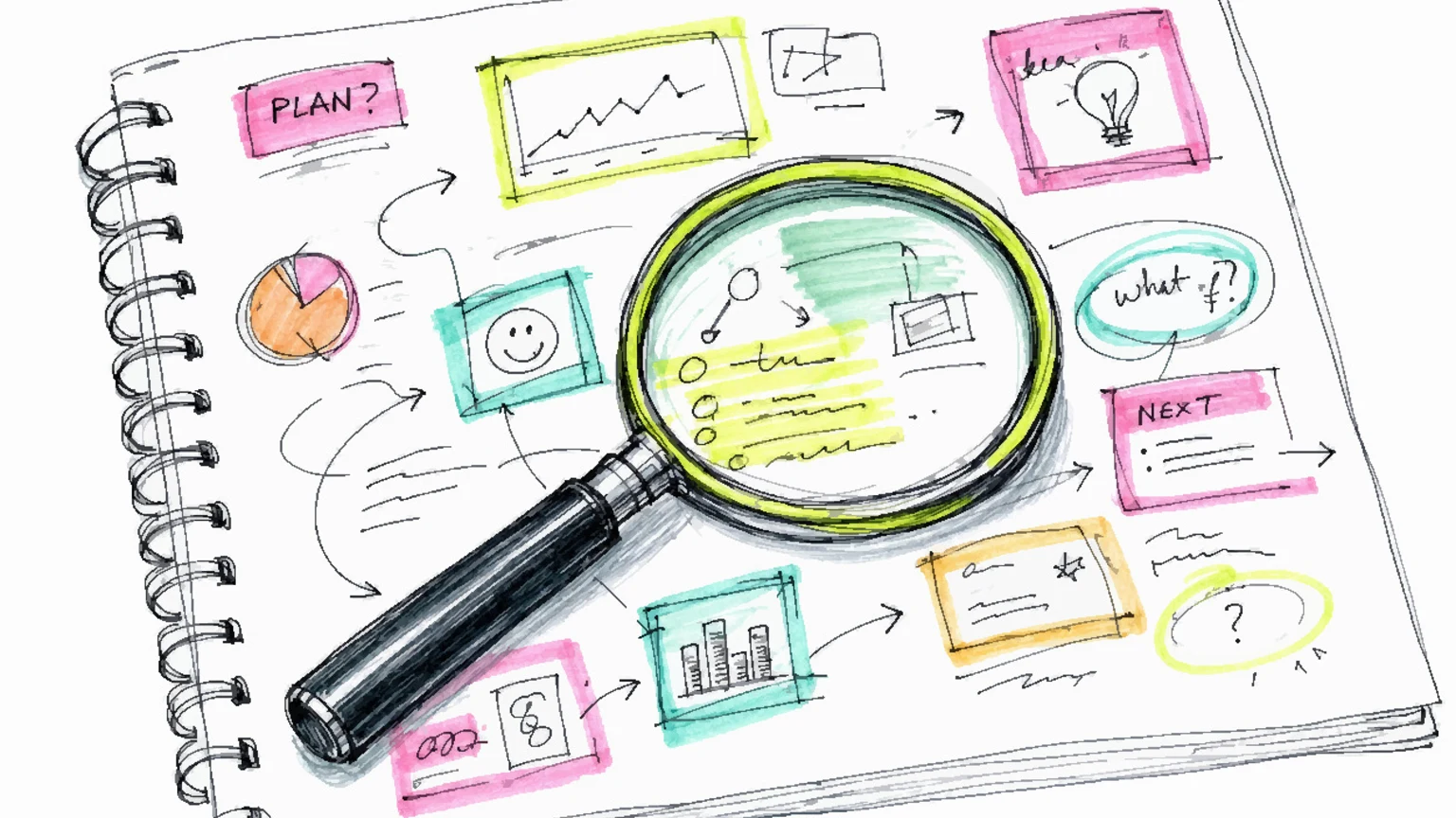 A magnifying glass resting on a notebook page full of rough sketches and looping arrows.