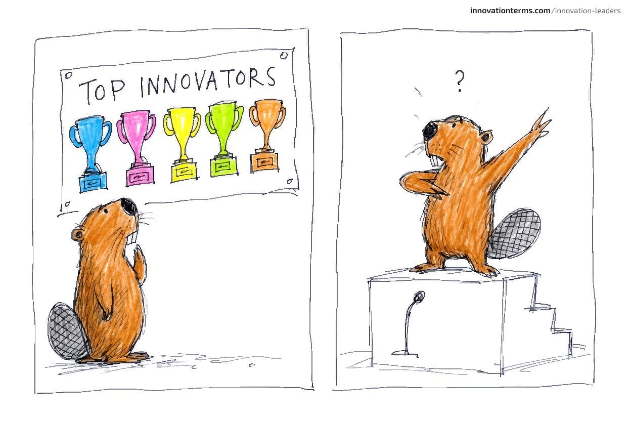 Two-panel comic strip: in the first panel, a beaver gazes up at a wall poster labeled 'TOP INNOVATORS' covered in trophy icons; in the second panel, the same beaver stands awkwardly at an empty podium trying to strike an impressive pose while holding nothing, looking puzzled.