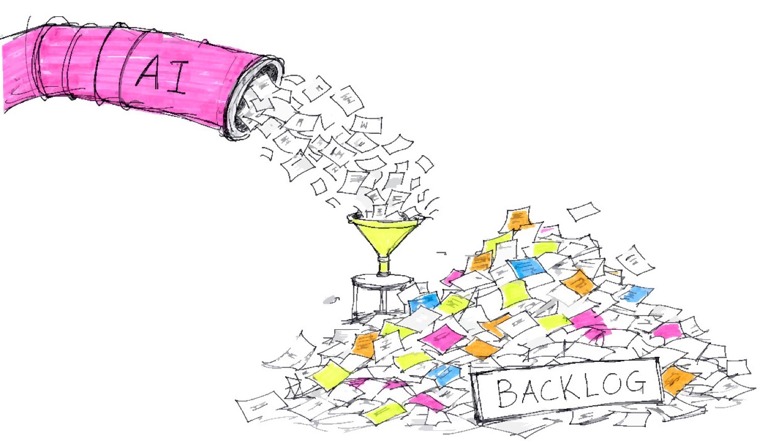 Ein riesiger Schlauch, beschriftet mit KI, spritzt einen Strom von Papier in einen winzigen Trichter, wobei der Großteil des Papiers überläuft und einen großen Stapel bildet, der mit „Backlog“ beschriftet ist.